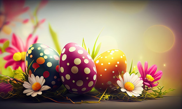 Huevos coloridos en flores Tarjeta de Pascua feliz Pascua generativa AI