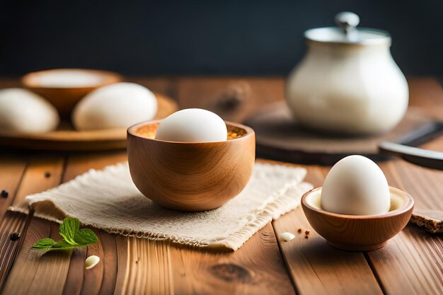 huevos en un cuenco de madera uno de los cuales tiene una hoja verde en él