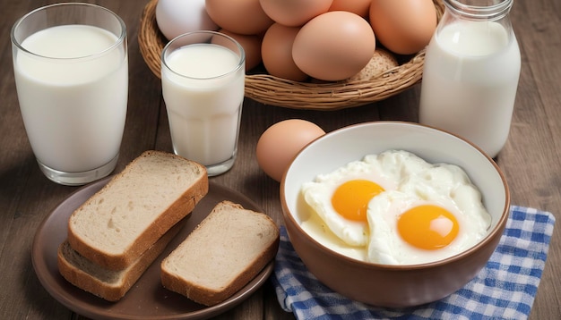 huevos en un cuenco pan de comida entera y leche en la mesa