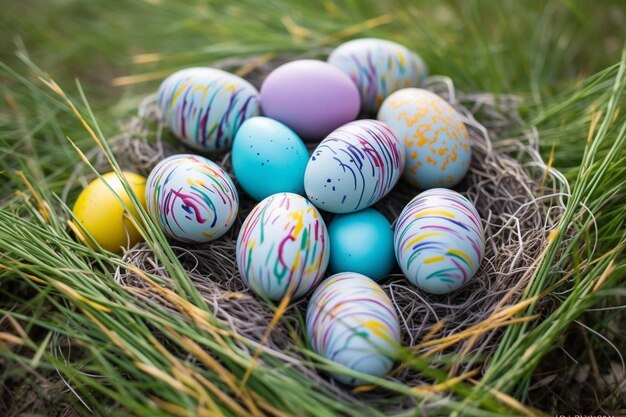 Huevos decorativos de colores en la hierba para el día de Pascua