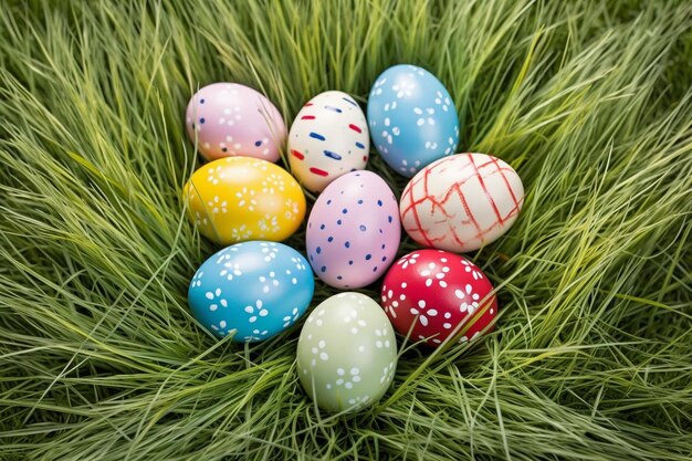 Huevos decorativos de colores en la hierba para el día de Pascua