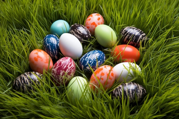 Huevos decorativos de colores en la hierba para el día de Pascua