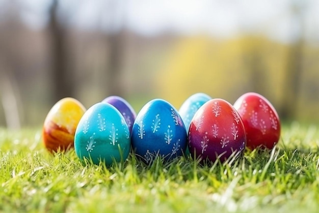 Huevos decorativos de colores en la hierba para el día de Pascua