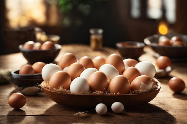 Huevos duros cocidos en una mesa de madera a la luz brillante y generativa