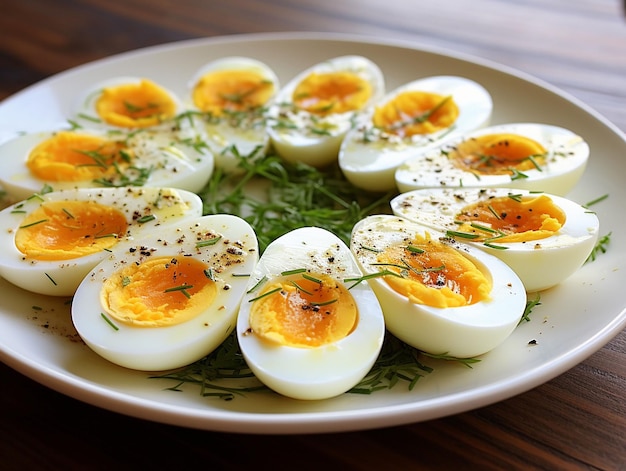Foto huevos duros y partidos por la mitad colocados en un plato generado ai