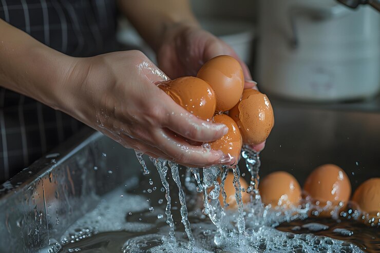 Los huevos frescos se enjuagan bajo el agua en un fregadero de la cocina