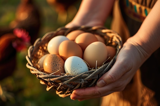 Huevos frescos de granja en una canasta