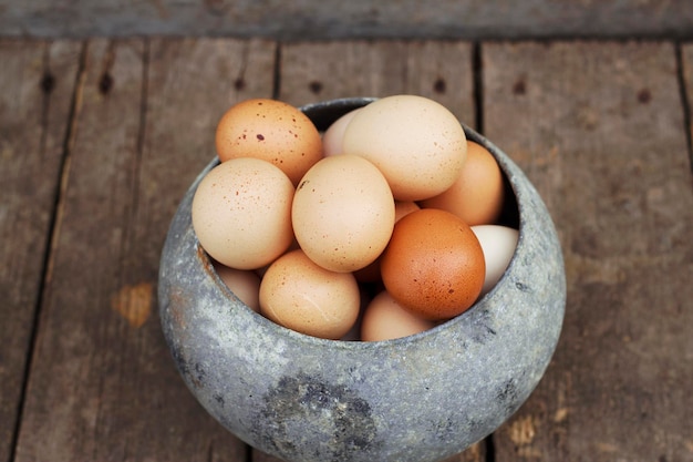 huevos frescos de granja en una olla retro sobre mesa de madera