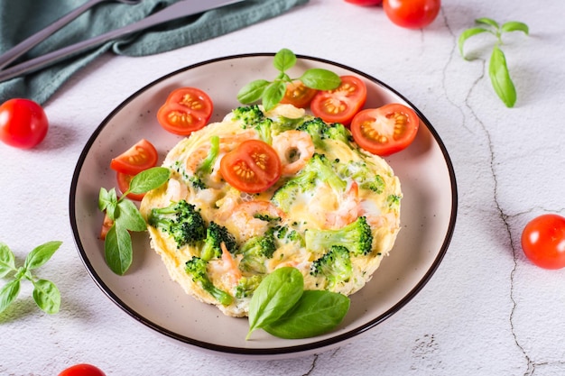 Huevos fritos con camarones y brócoli en un plato sobre la mesa Almuerzo casero