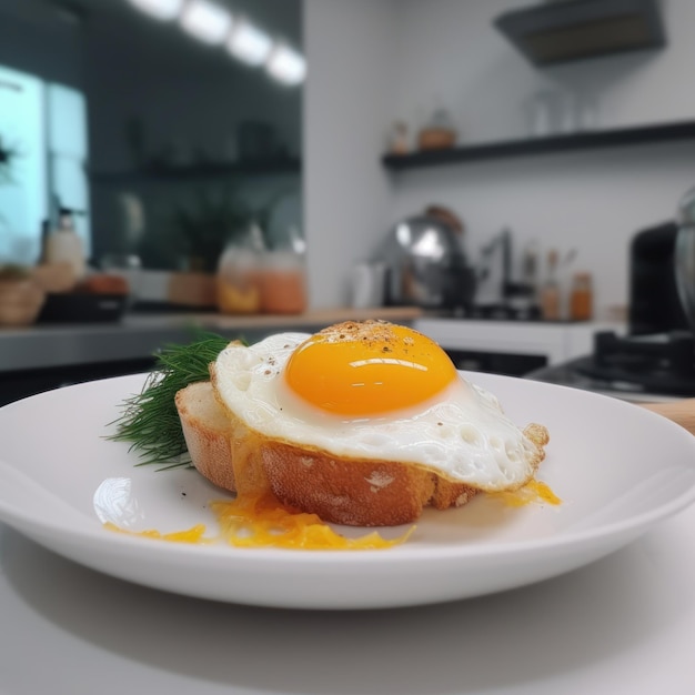 Huevos fritos caseros en un plato blanco en una cocina blanca IA generativa