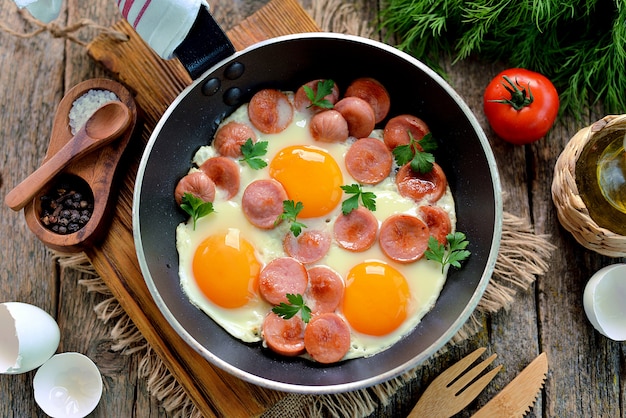 Huevos fritos caseros con salchichas en una sartén sobre fondo de madera. Desayuno clasico.