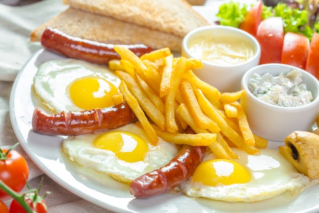 Huevos fritos y chorizo frito para el desayuno.