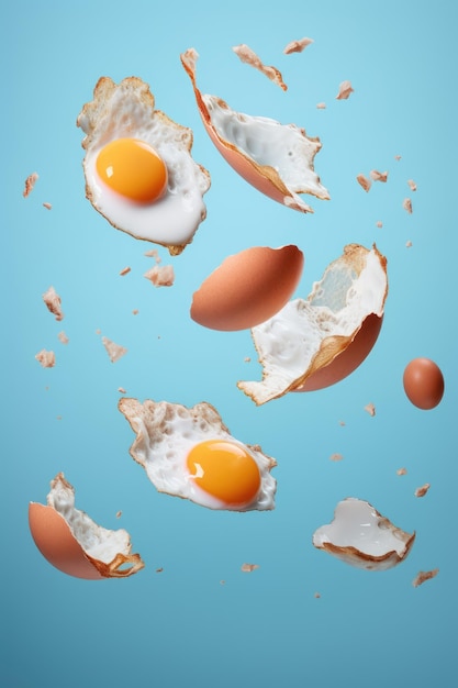 Foto huevos fritos para el desayuno vuelan en el aire sobre fondo azul pastel levitación de comida de moda