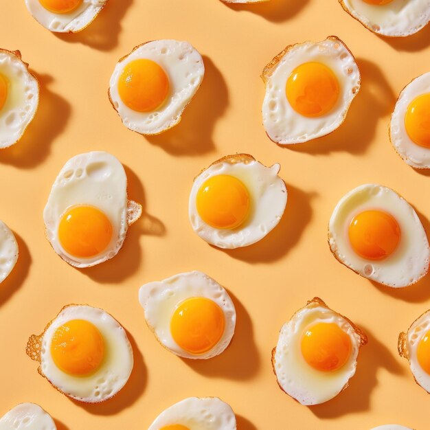 Huevos fritos dispuestos en patrón sobre fondo amarillo con un huevo en el centro para el concepto de diseño culinario y de comida