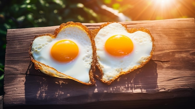 Huevos fritos por la mañana en forma de corazón Hermoso desayuno