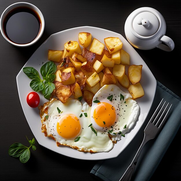 huevos fritos y patatas asadas para el desayuno, desayuno perfectamente preparado