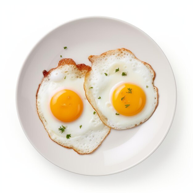 Huevos fritos en un plato blanco sobre un fondo blanco.