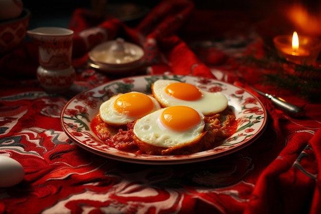 Huevos fritos en un plato frente a la mesa roja