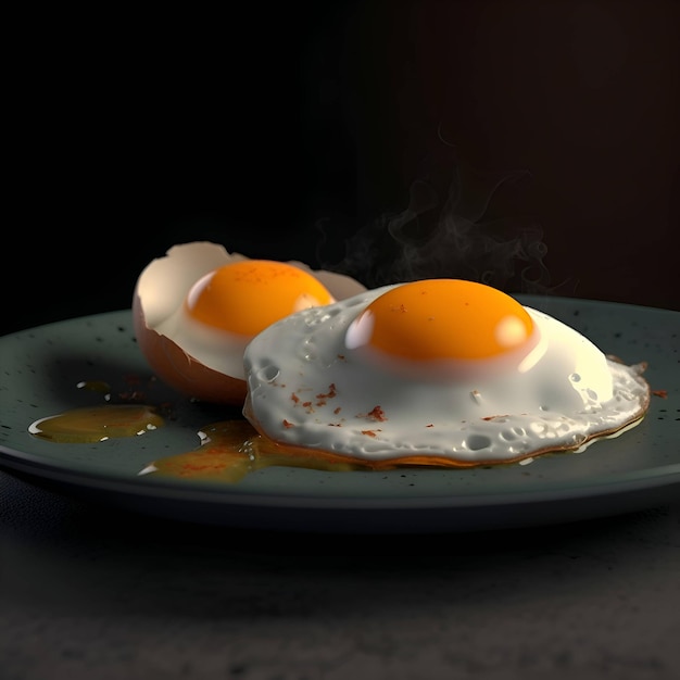 Huevos fritos en un plato con humo en un fondo negro