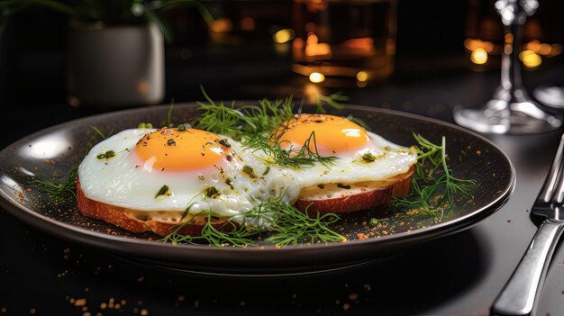 Huevos fritos en un plato moderno en una mesa blanca desayuno saludable