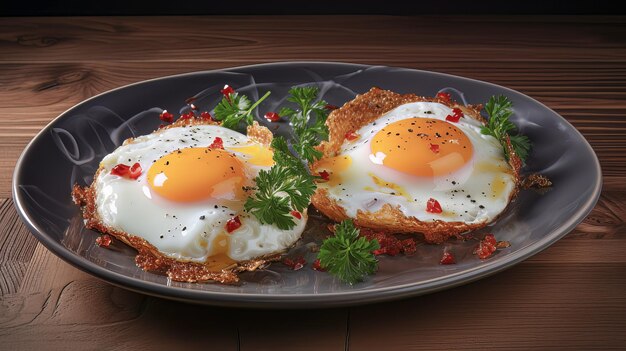 Huevos fritos en un plato moderno en una mesa blanca desayuno saludable