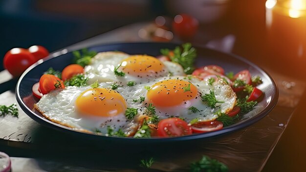 Huevos fritos en un plato moderno en una mesa blanca desayuno saludable