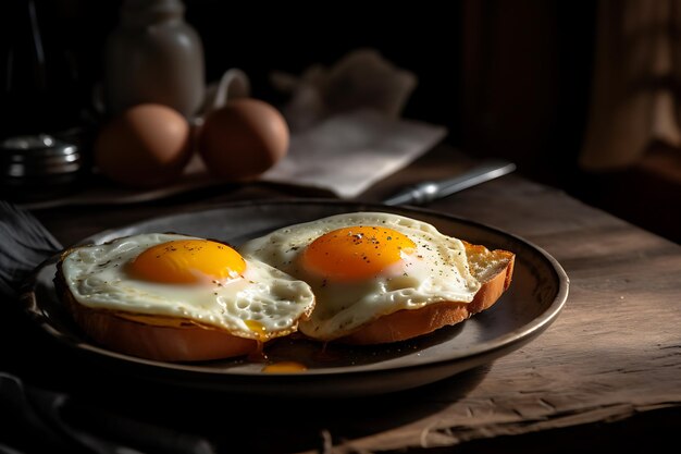 Huevos fritos en un plato redondo en una cocina rústica Ai Generative