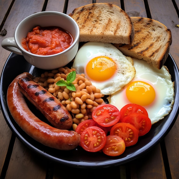 Foto huevos fritos con salchichas un abundante desayuno británico que consiste en huevos