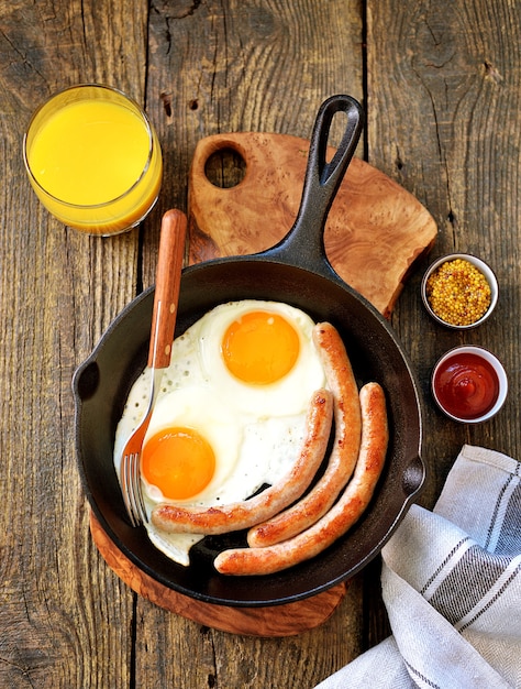 Huevos fritos y salchichas finas en una sartén de hierro fundido