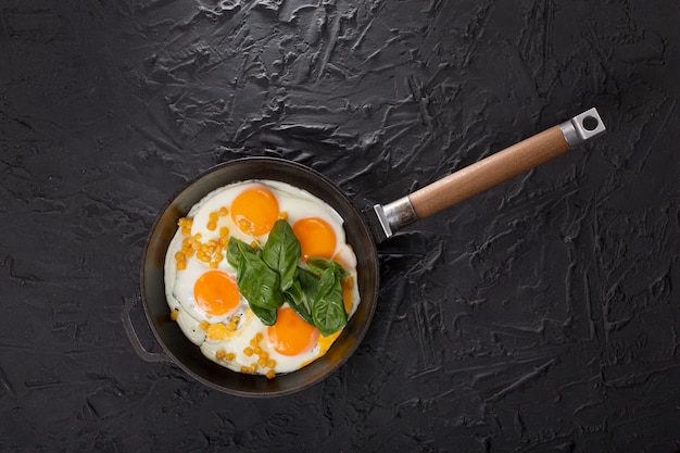 Huevos fritos en una sartén, desayuno saludable