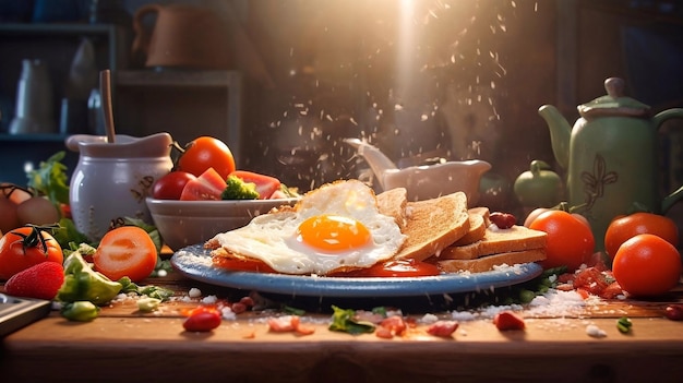 Huevos fritos en una sartén con tomates tostados