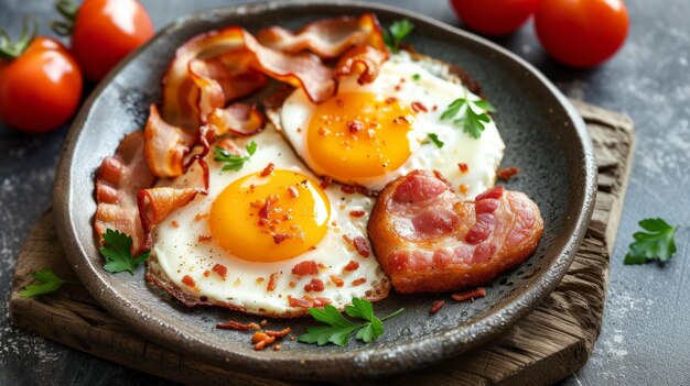 Foto huevos fritos y tocino en forma de corazón