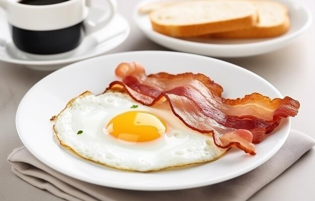 huevos fritos con tocino en un plato blanco en una mesa blanca de la cocina