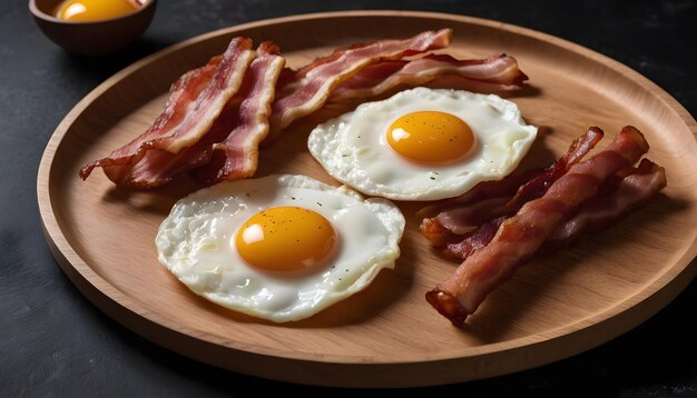 huevos fritos y tocino en un plato de madera con fondo negro