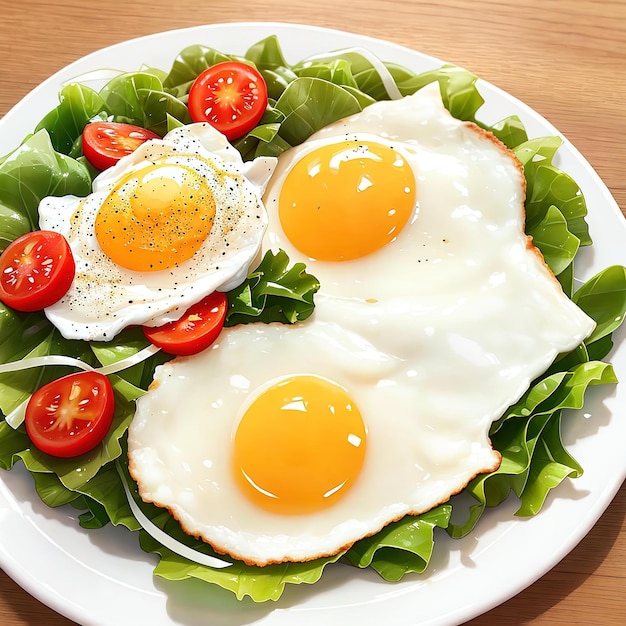 Huevos fritos con tocino y verduras.