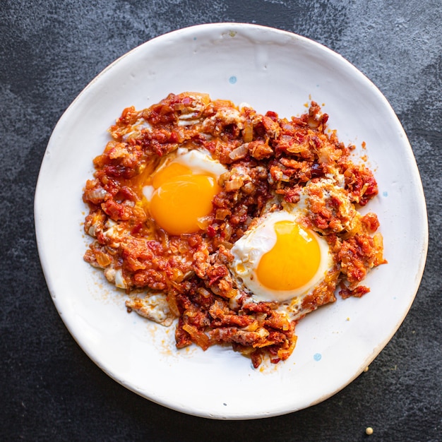 Huevos fritos con tomate y verduras tortilla shakshuka snack orgánico natural