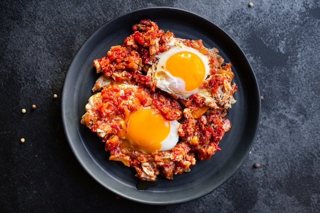 Huevos fritos con tomate y verduras tortilla shakshuka snack orgánico natural