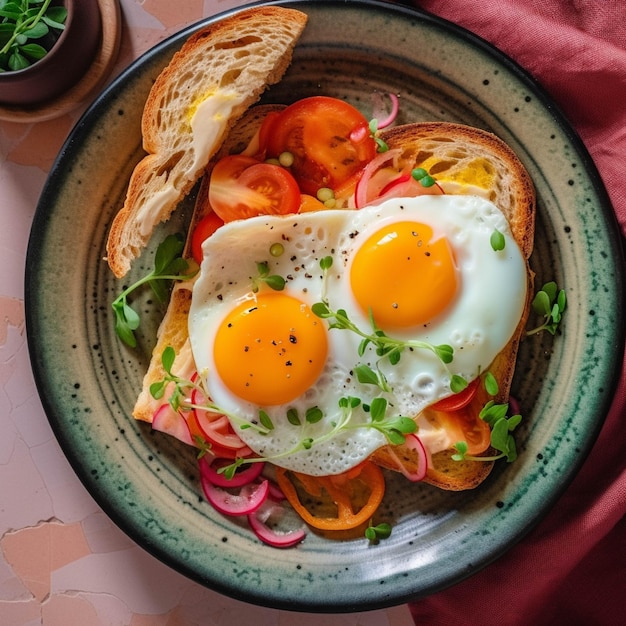 Huevos fritos con tomates cereza y perejil en pan tostado