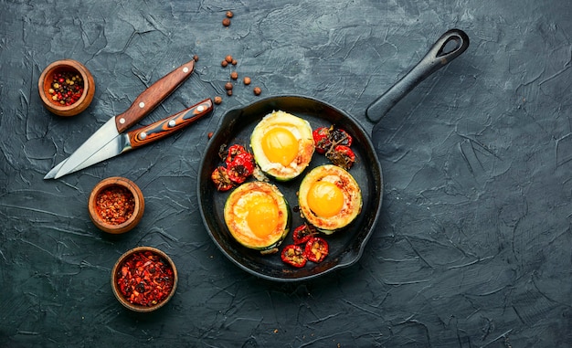 Huevos fritos con tomates cherry en sartén