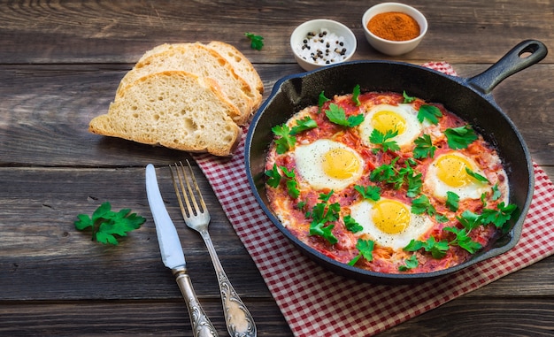 Huevos fritos con verduras y salsa de tomate en una sartén de hierro sobre fondo de madera rústica