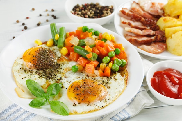 Huevos fritos con verduras tocino frito y papas Comida abundante y un almuerzo delicioso