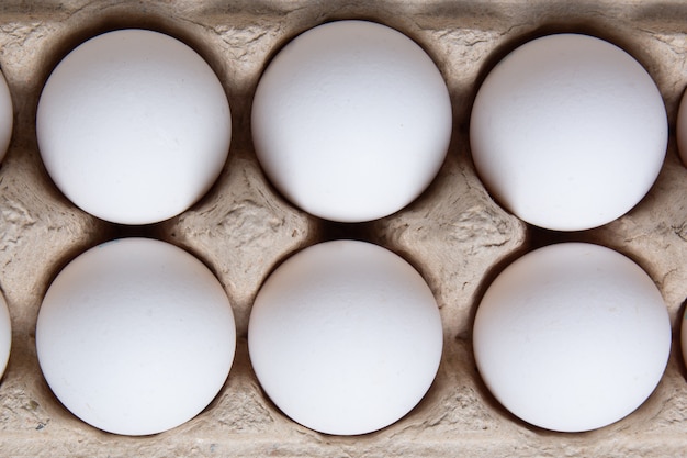 Huevos de gallina blanca en una caja de cartón. vista superior