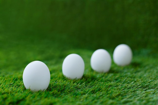 Huevos de gallina blanca sobre hierba verde que son un símbolo de la celebración de la fiesta religiosa de Pascua entre cristianos y católicos