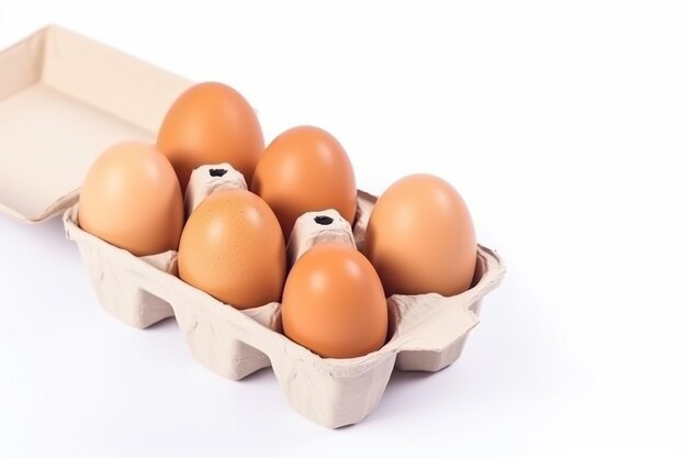 Huevos de gallina en caja de cartón abierta aislado en blanco