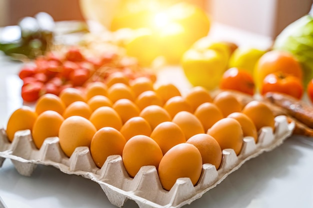 Huevos de gallina en caja de cartón en la mesa Frutas y verduras frescas borrosas en el fondo Concepto de comida rústica