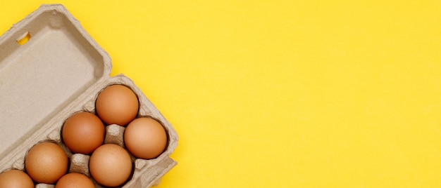 Huevos de gallina en una caja de cartón sobre un fondo amarillo.