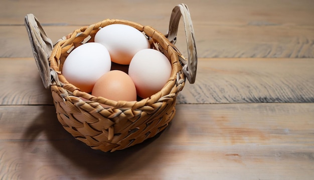 Huevos de gallina en una canasta sobre una mesa de madera ai genertivo