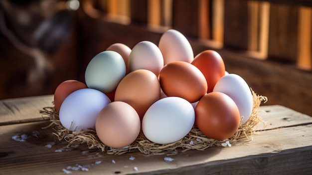 Huevos de gallina coloridos sobre una mesa de madera en el pollito