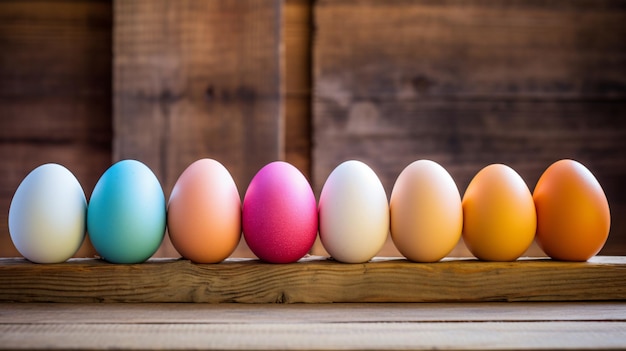 Huevos de gallina coloridos sobre una mesa de madera en el pollito