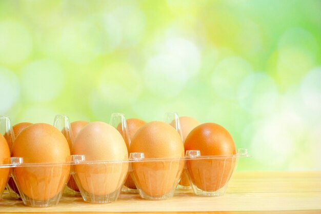 Huevos de gallina cruda en paquete de plástico en bokeh verde. Copie espacio para cualquier diseño de texto.